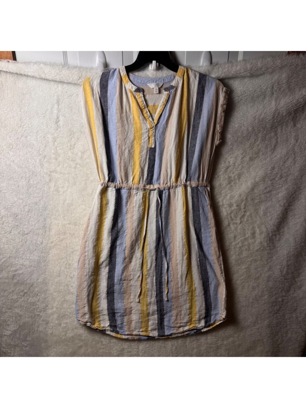 Time And Tru Womens small linen blend Striped Casual Dress Drawstring Waist